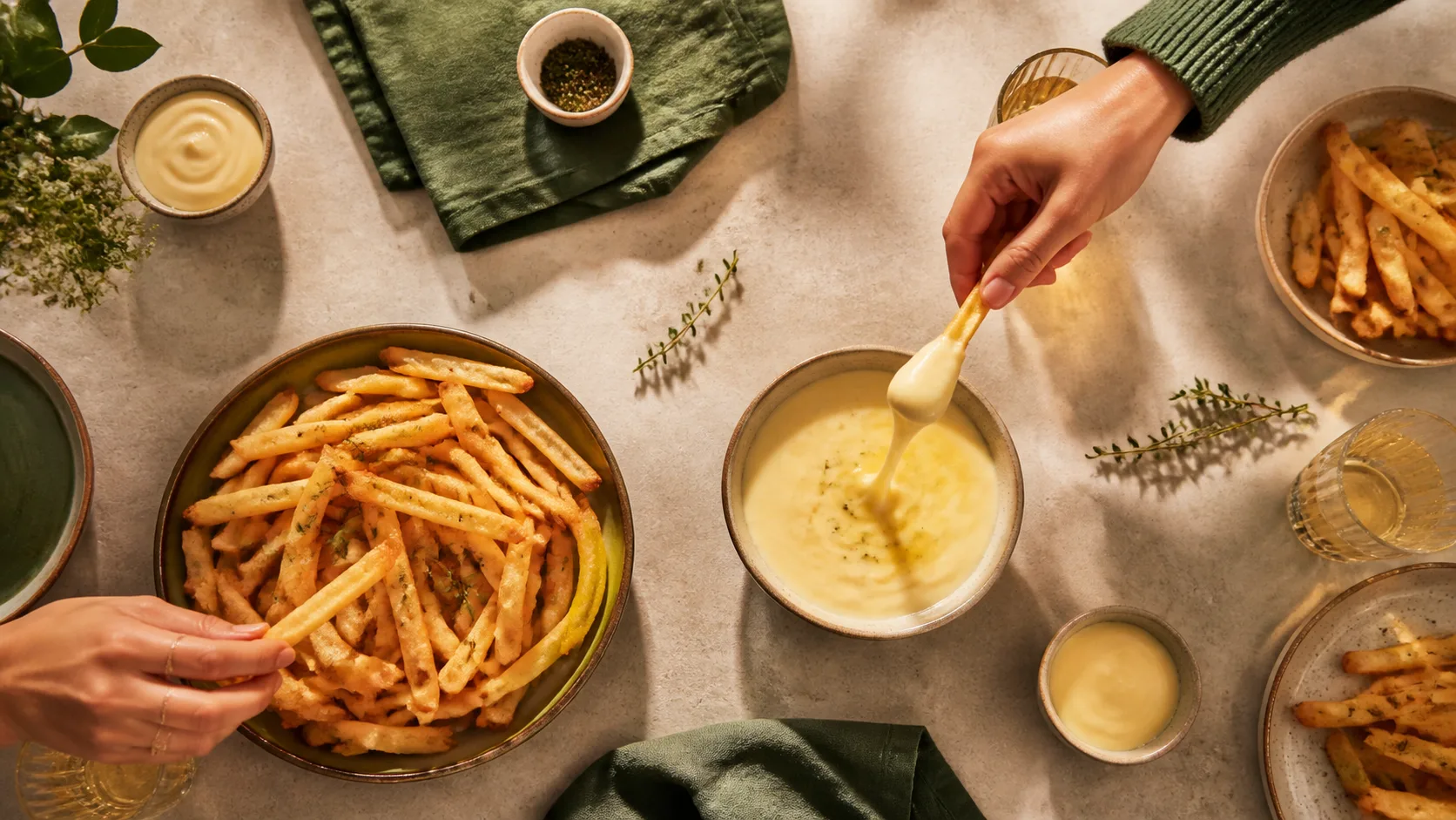 Friends sharing golden fries with creamy cheese dips
